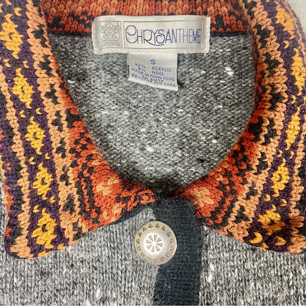 VTG CHRYSANTHEME Patchwork Knit Button Front Card… - image 3